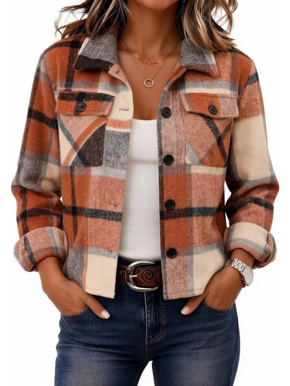 Cropped Plaid Shacket Jacket for Women | Trendy Fall Flannel Coat